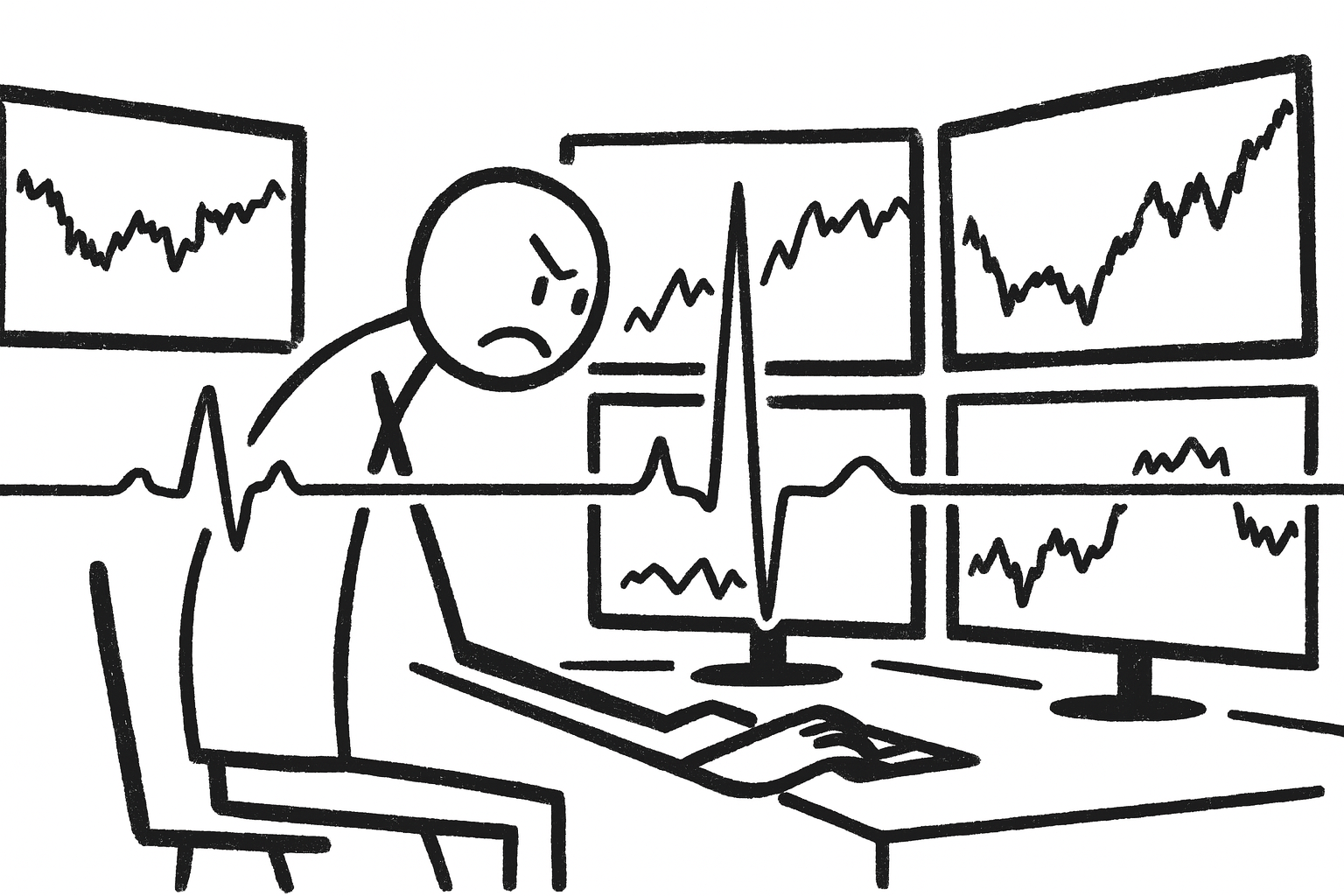 Trader silhouette at desk with multiple monitors showing heart rate spikes during first week of live trading, illustrating the emotional stress of transitioning from paper to real money trading