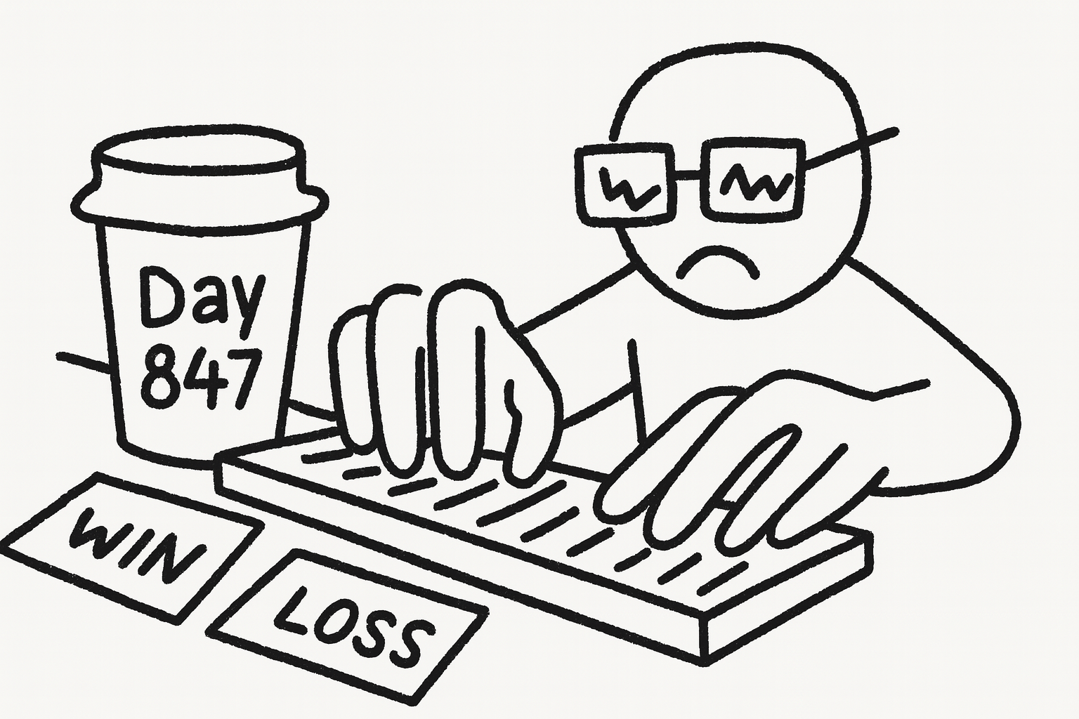 Hands on keyboard with trading charts reflected in glasses, coffee cup marked 'Day 847', scattered trading records on desk, natural lighting showing the unglamorous reality of learning to trade